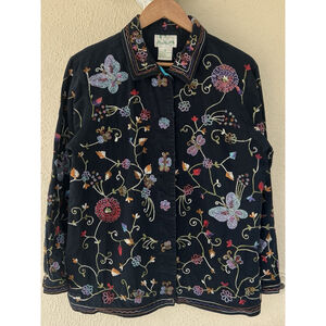 Quacker Factory Womens M Boho Embroidered Button Up Jacket Butterfly Sequin Barn